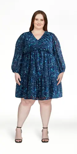 Terra & Sky Dress 4X Semi Sheer Lined Flowey Blue Dots Long Sleeve Chiffon