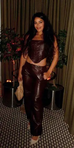 VEDA Brown Leather Trousers Zip Up Fly Button Closure Wide Leg Pants Size 4