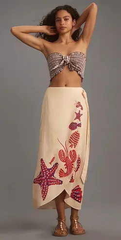 Farm Rio Lobster Print Linen Side-Tie Wrap Midi Skirt, Size XS