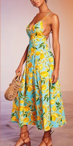 Dress Forum Lemon Print Open Back Fit and Flare Summer Dress ~ Size Small 💚🍄 Yellow