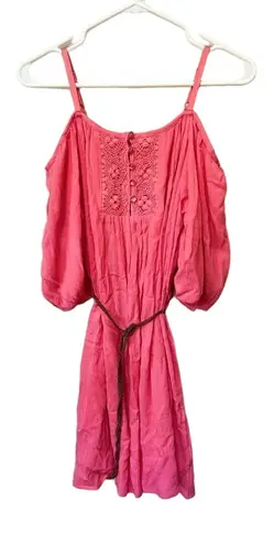 Bailey blue Pink Cold Shoulder Boho Mini Dress Belted Puff Sleeve S