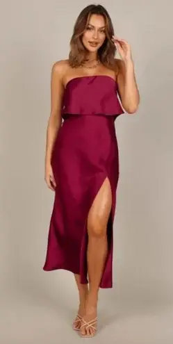 Petal and Pup  Vienna Strapless Berry Satin Ruffle Side Slit Midi Dress L