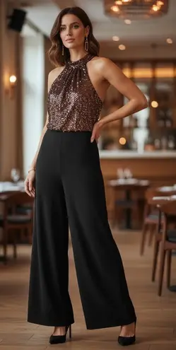 Julia Jordan NWT Sequin Halter Wide Leg Jumpsuit Black Gold Sz 10 Evening Glam - Image 1