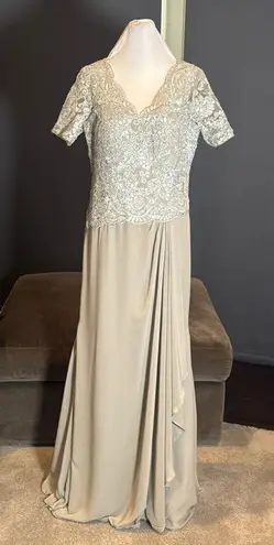 Women’s Full Length Gray Chiffon & Lace Appliqué Formal Dress Zip Back Size 10