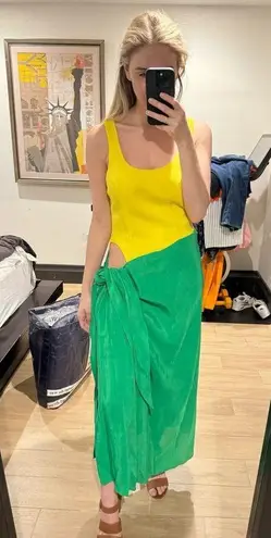 ROSIE ASSOULIN Women's Yellow Green Wrap Sarong Scoop Neck Beach Dress Size 6