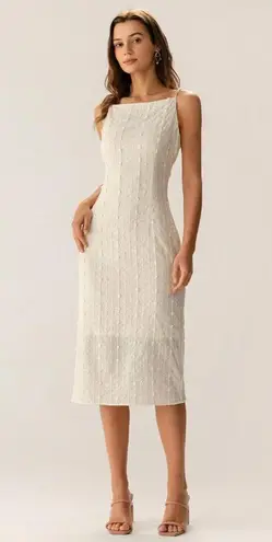 Rihoas Beige Textured Beaded Slip Midi Dress
