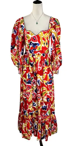 De Loreta Sweetheart Puff Sleeve Cotton Maxi Dress M | Vibrant Abstract Dopamine Red Size M