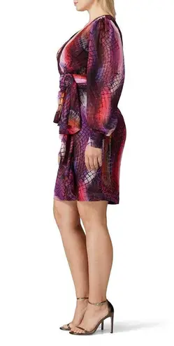 flor et.al Lauper Printed Chiffon Belted Long Sleeve Knee Length Dress Size 16