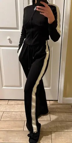 Two piece tracksuit crop jacket high waist pants track pants joggers 2 piece set Black