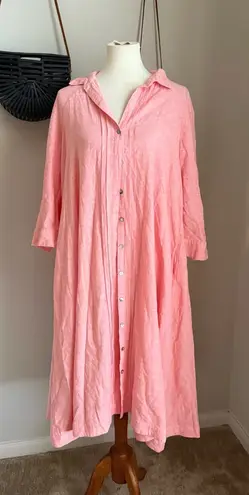 Calypso St. Barth Pink Linen Blend Eyelet Sleeve Shirt Dress, Pockets, Medium