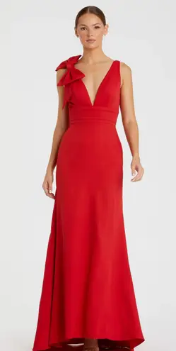 Mac Duggal Red Sleeveless V Neck Bow Detail Mermaid Gown