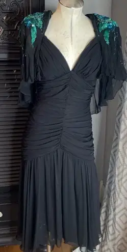 Casadei 1980s Black Ruched Turquoise Sequined Gatsby Deco Flapper Dress Cape 12