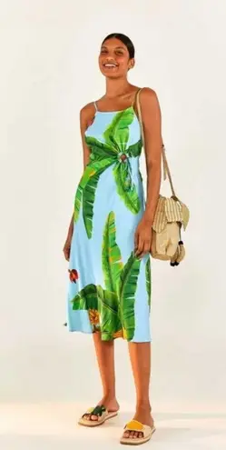 Farm Rio ๐๐ Blue Fresh Bananas Midi Dress ~ Tropical Banana Leaf Print XL NWT