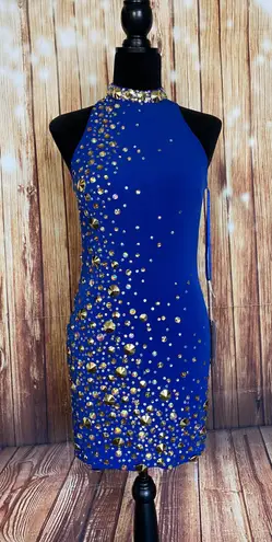 Mori Lee Women’s Royal Blue Halter Neck Bodycon Mini Dress Beaded Size 3/4