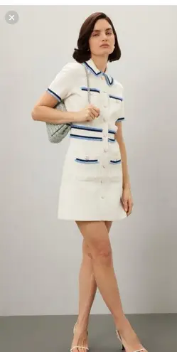 Maje White Blue Tweed Gold Button Details Collared Risal Mini Dress Size 34