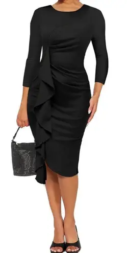 Women’s Black Asymmetrical Ruffled Midi Dress 3/4 Sleeve Zip Back Size M NEW Size M