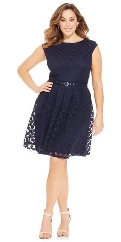 Alfani 🆕 Cap-Sleeve Polka Dot-Print Belted Dress in Navy