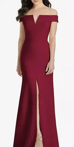 NWT Dessy Collection Off The Shoulder Notch Trumpet Gown in Burgundy 3038 Red Size 18