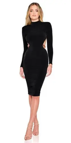 Nookie NWT Black Alba High Mock Neck Open Back Rose Gold Chain Midi Dress Size M