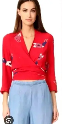 Rollas Shirt Women Small Red Floral Print Delilah Wrap Blouse Boho Cottagecore