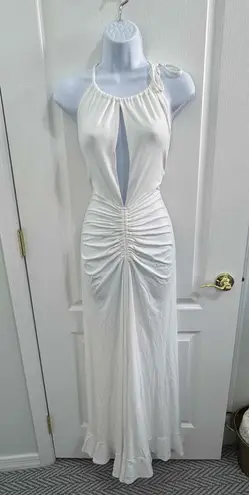 Commense White Sleeveless Ruched Front Keyhole Neckline Halter Maxi Dress Large