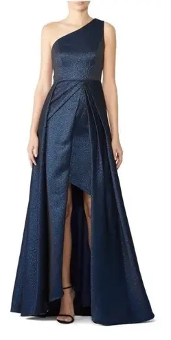 Monique Lhuillier dress blue Odyssey one shoulder metallic gown high low size 16