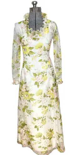 Vintage Yellow & Light Pink Floral Chiffon Sheer Pleated Ruffle Maxi Dress Size undefined