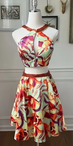 Lucci Lu 2 Piece Cocktail Homecoming Dress Orange Floral $300 4