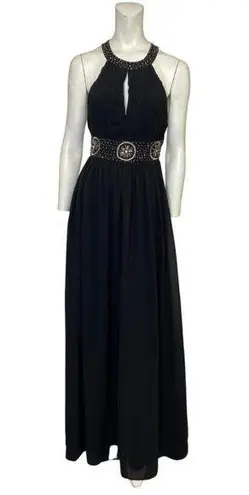 Maniju  High Neck Open Back Halter Embellished Maxi Dress Black Size Medium NWT