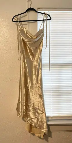 Boutique Gold Satin Asymmetrical Hem Dress