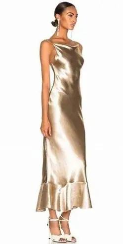 Saloni Satin Champagne Gold Backless Ruffle Hem Cowl Neck Midi Dress Size 8