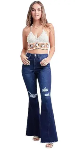 Ymi Gigi High Rise Flare Distressed Raw Hem Dark Wash Jeans 9/29 NEW with Tags