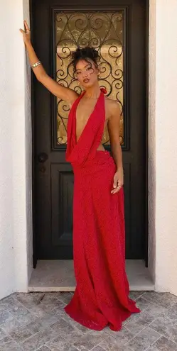 Peppermayo Elysia Cherry Red Lace Draped Cowl Neck Open Back Maxi Dress Sz 6