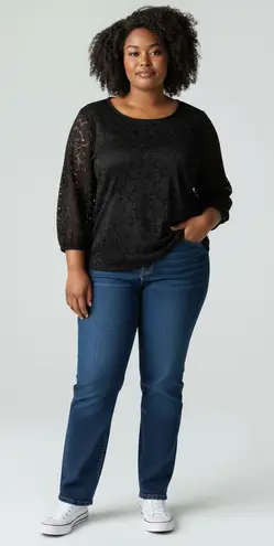 Cable & Gauge Black Lace Overlay Blouse Women L Balloon Sleeve Sheer Elegant Top