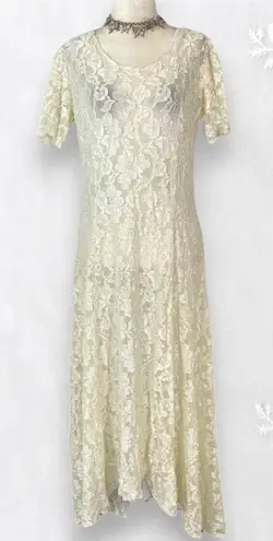 Whimsygoth Vintage Made in USA Cream White Sheer Floral Lace Midi Maxi Dress L Size L