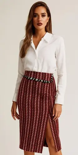 Eva Franco Red Blue White Geometric Print Wool Poly Blend Pencil Skirt With Slit Size 2