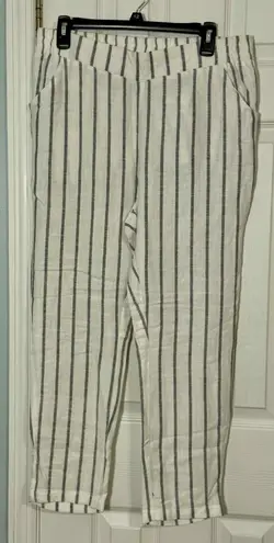 Roamans White Linen Pants With Blue Stripes, Pockets, 14W