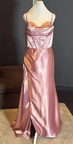 Pink Full Length Prom Party Dress Criss Cross Back Straps Leg Slit Size 14 NEW