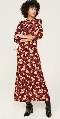 The Kooples RTR XL Red Black Yellow Floral Print Sweater Mock Maxi Long Dress