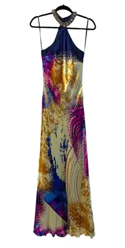 Wow! Prom & Pageant 100% Silk Formal Dress Sleeveless Gold Blue Y2K Size 4