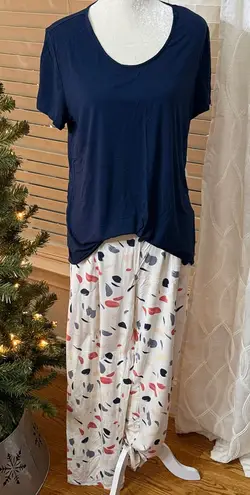 Soma Cool Nights Pajama Set Navy Scoop Neck Top Abstract Print Pants Size Large