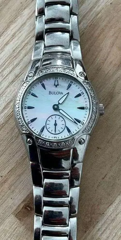 Bulova Diamonds Ladies Watch Pearl Dial Stainless Bracelet Blue Markers 96R55
