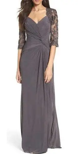 La Femme  Gunmetal Gray Ruched Twist Column Formal Gown