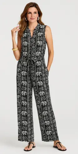 Soft Surroundings Elephant Print Sleeveless Jumpsuit XL Black White Boho Wide