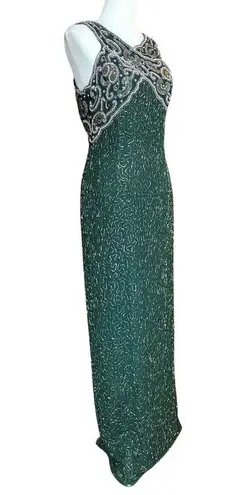 Vintage 90s 100% Silk Green Beaded Prom Dress S/M Golden Age Hollywood Glamour Size M