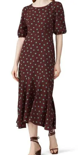 Bobeau Size Medium Dara Printed Dress Brown Green Polka Dots Hourglass Midi