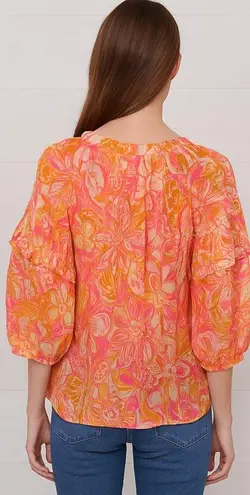 Dress Forum Women's Size Small Orange Floral Print Chiffon Ruffle Sleeve Top