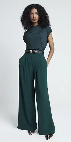 River Island Green Pleated Wide Leg Trousers Nwt Sz 6