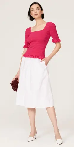 ADAM LIPPES x RTR Hot Pink Knit Square Neck Sweater Smocked Ruffle Top Size M Red Size M