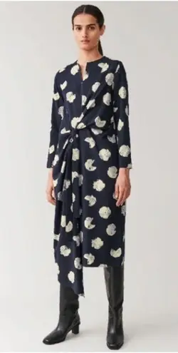 COS Womens Cotton Blend Navy Blue Floral Printed Asymmetric Wrap Midi Dress sz 6